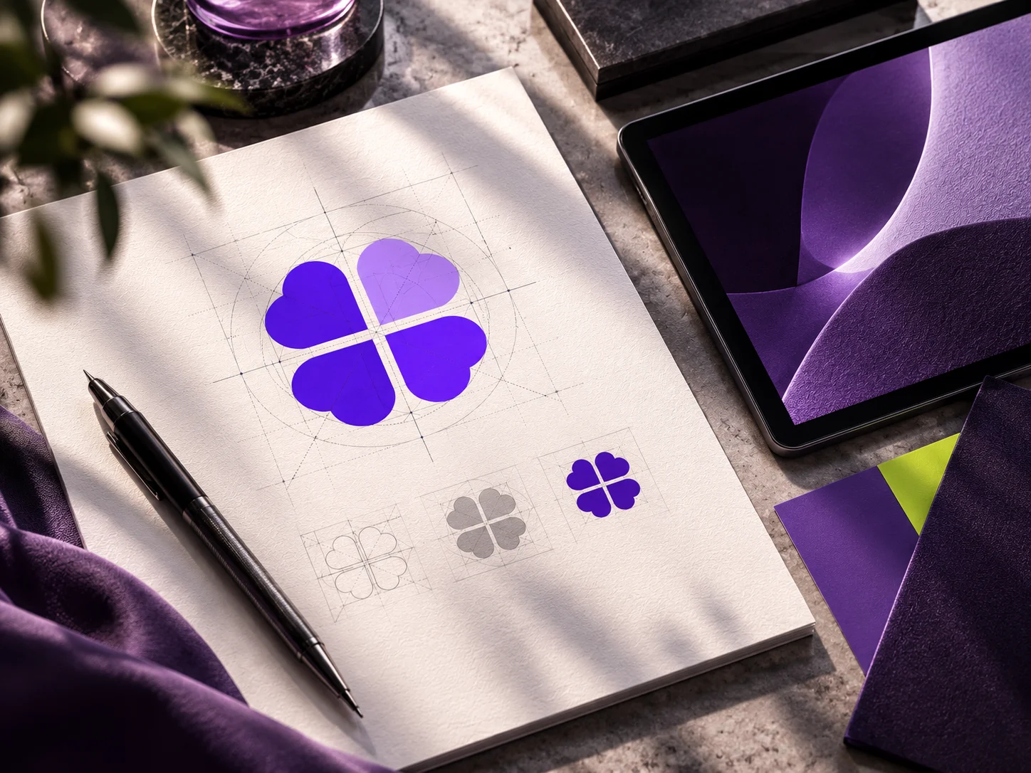 purpurlila: Kleeblatt-Konstruktion auf Papier mit violetten Farbvarianten und Tablet