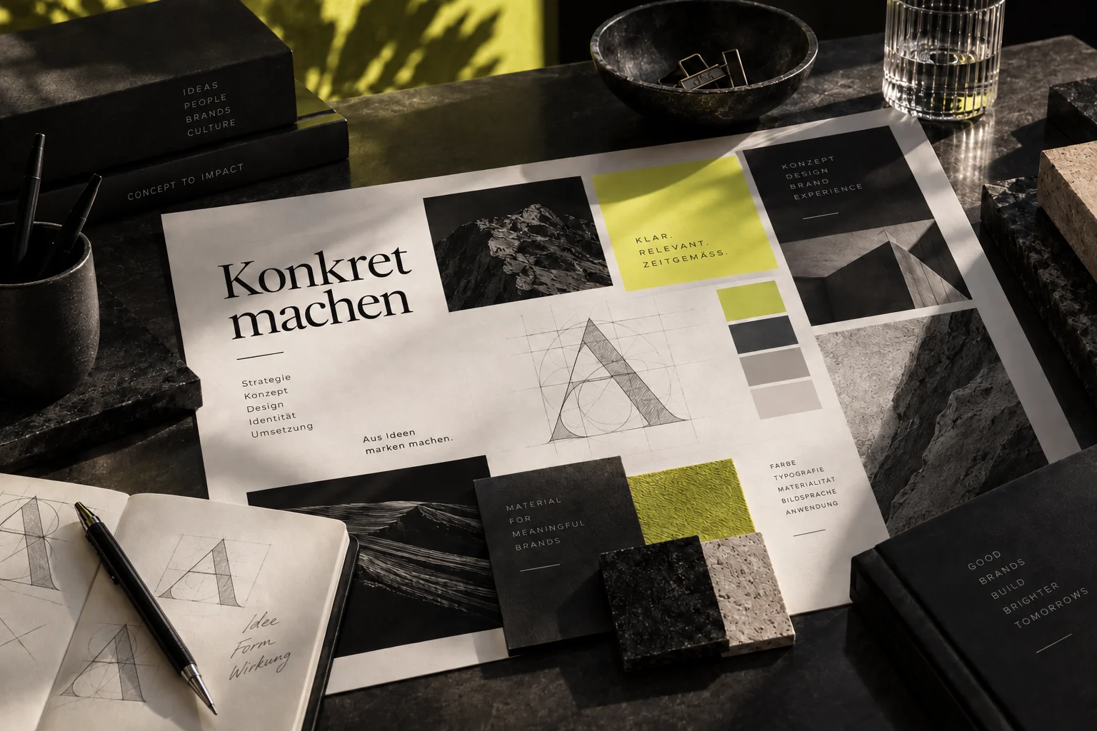 Entwurfsboard mit A-Konstruktion, Typografie, Bildsprache und Materialproben. Inszenierte Designstudie.