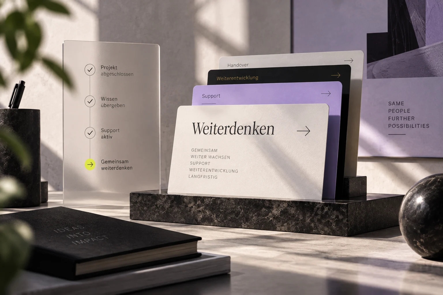 Gestalterische Inszenierung von Übergabe, Wissen, Unterstützung und Weiterentwicklung.