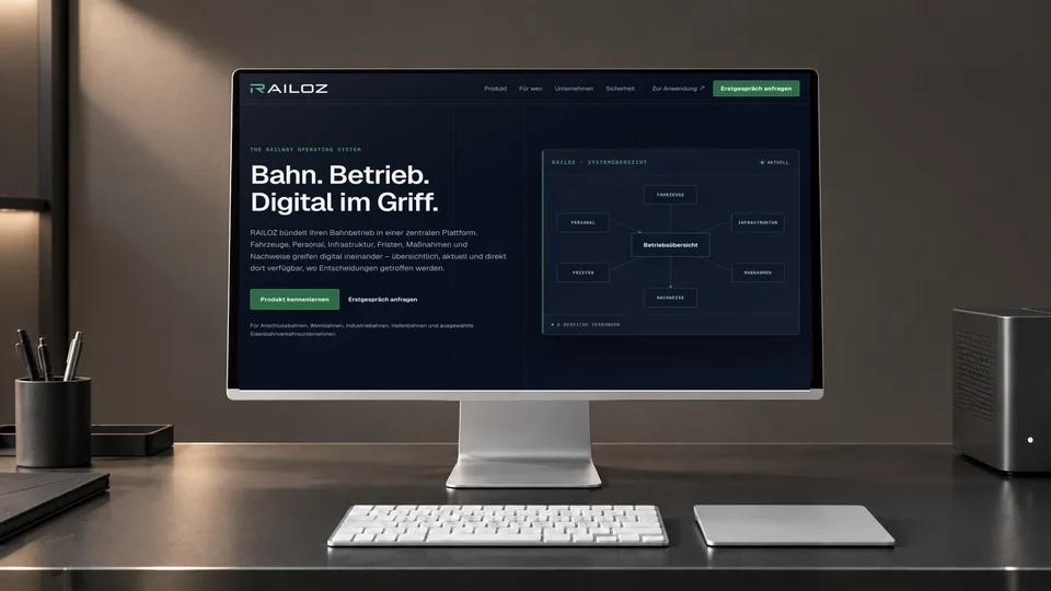 RAILOZ-Website auf einem Desktop-Monitor am Arbeitsplatz