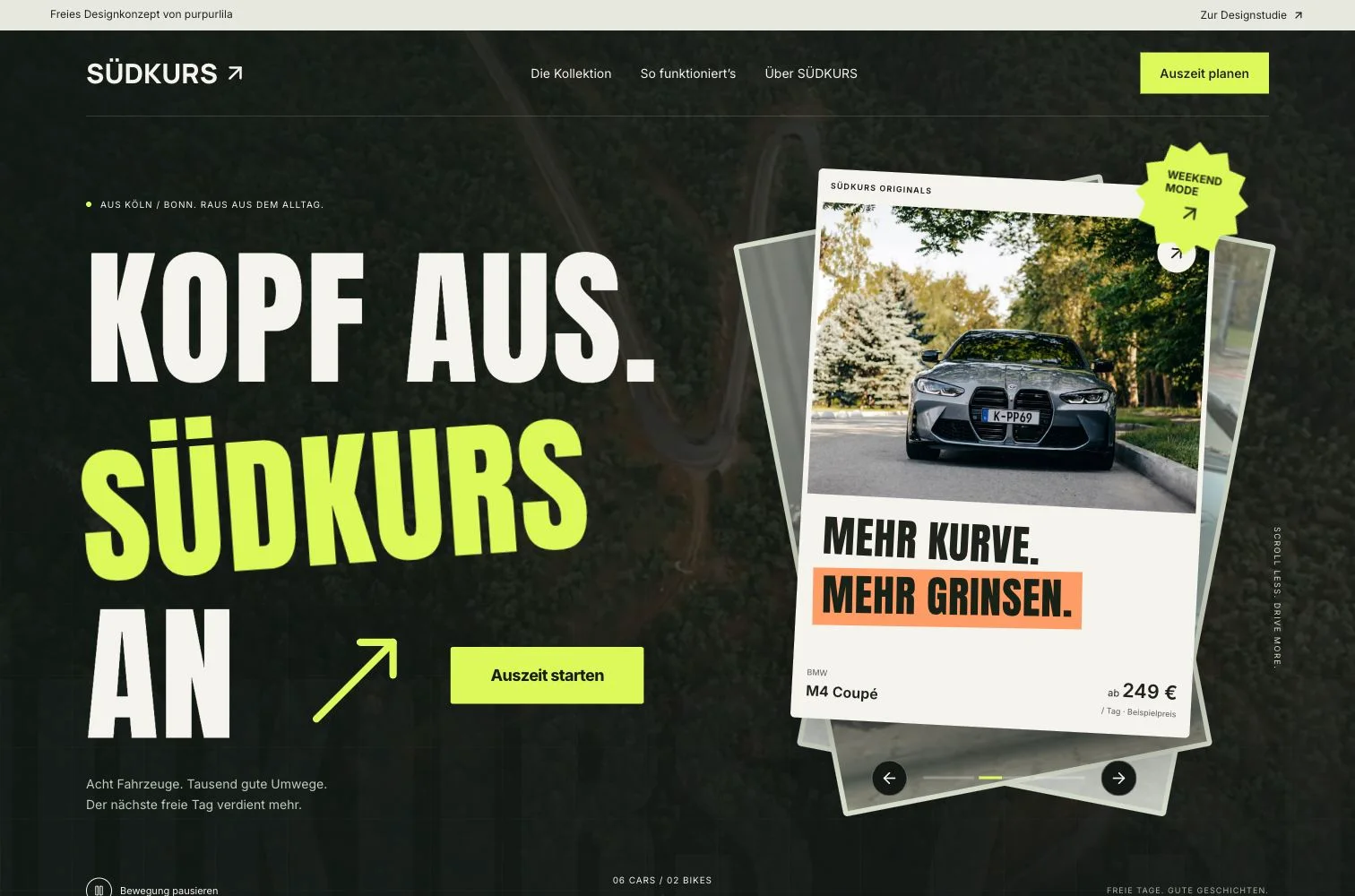 SÜDKURS-Startseite: große Typografie, dunkle Bildwelt und Fahrzeugkarten der freien Designstudie.