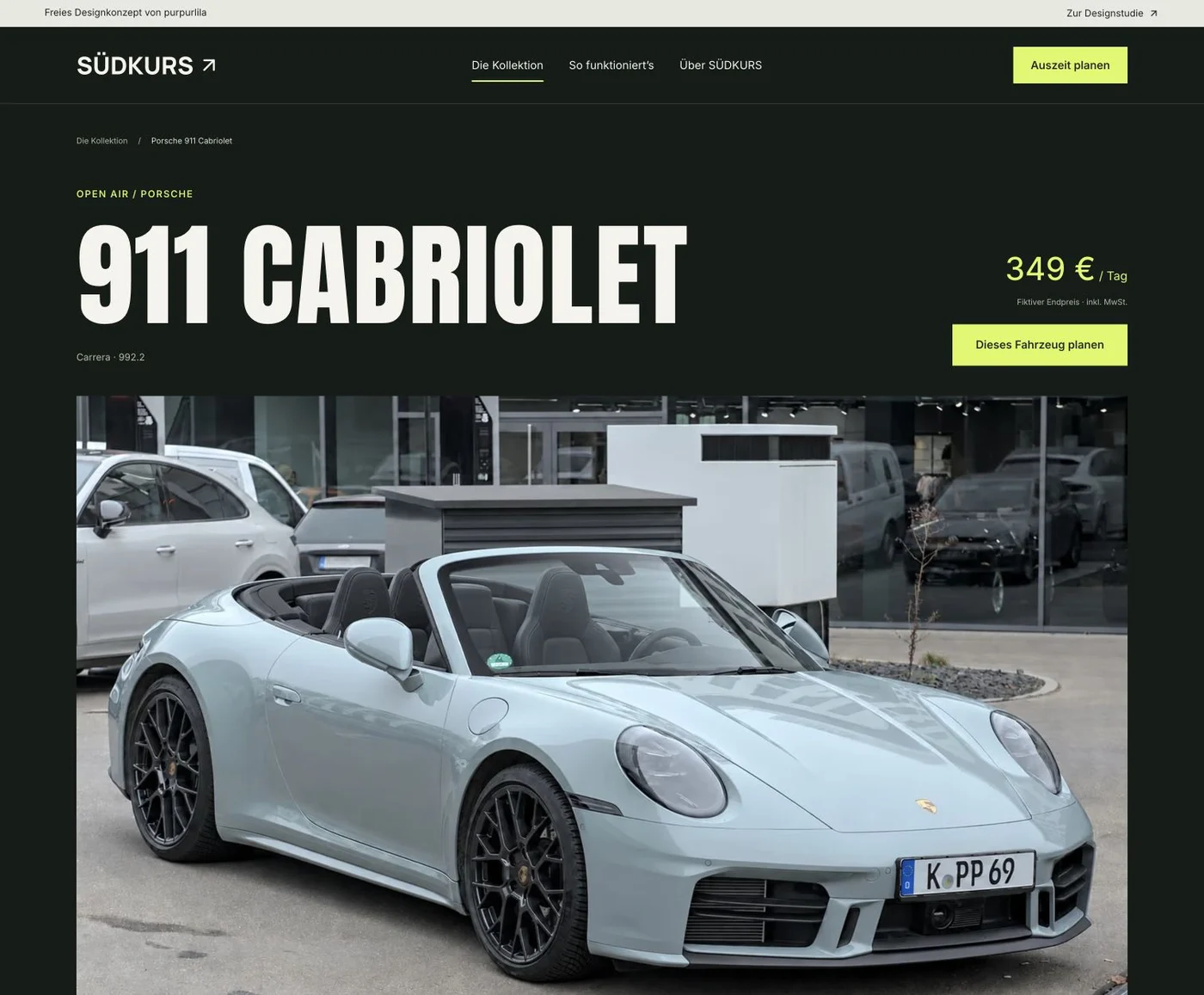 SÜDKURS-Detailseite des Porsche 911 Cabriolet mit Fahrzeuggalerie und Einstieg in die Mietplanung