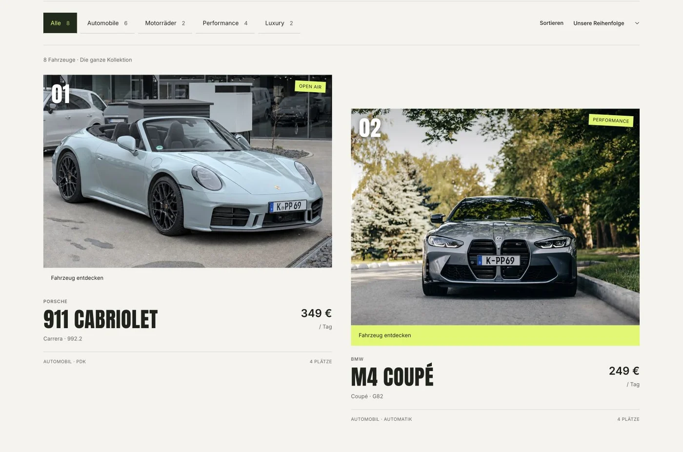 SÜDKURS-Fahrzeugauswahl mit Filtern sowie Porsche- und BMW-Karten