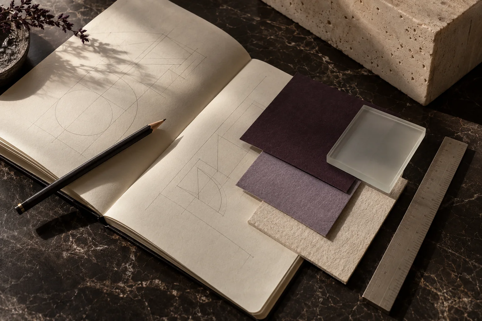 Offenes Skizzenbuch, Papier- und Materialproben in Aubergine und Lavendel auf dunklem Marmor.
