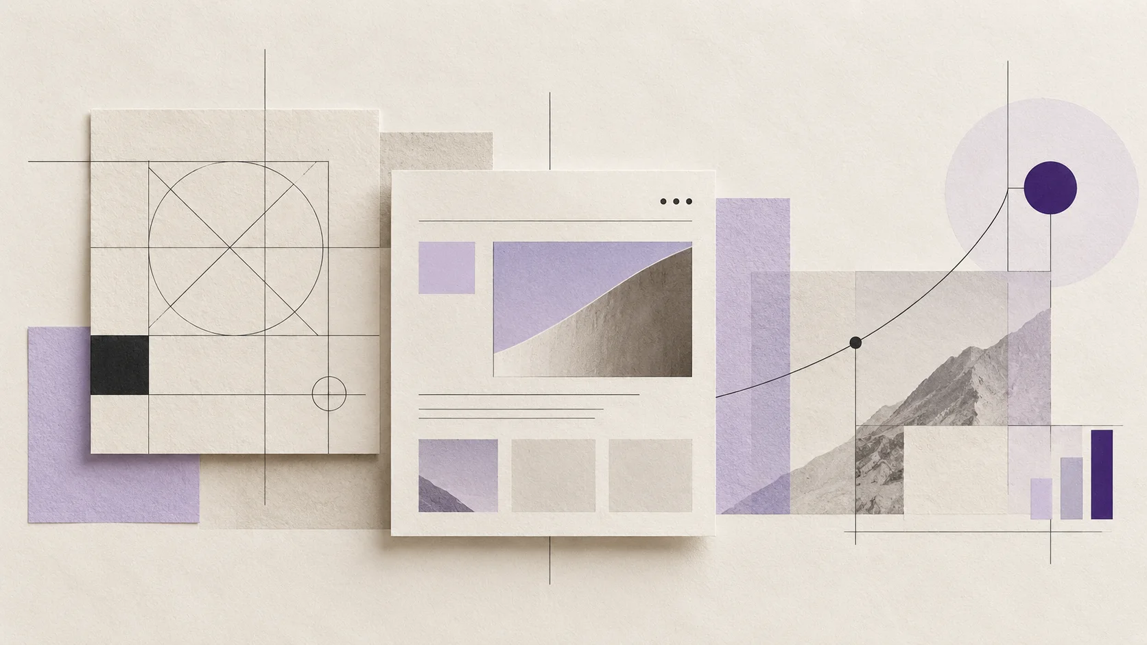 Abstrakte typografische Komposition aus Papierflächen, Rasterlinien und ruhigen Interface-Fragmenten für einen Guide zu Website-Begriffen.