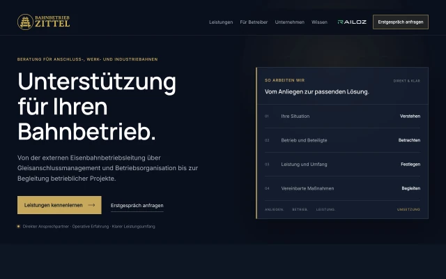 Website von Bahnbetrieb Zittel mit Leistungen und direktem Kontaktweg