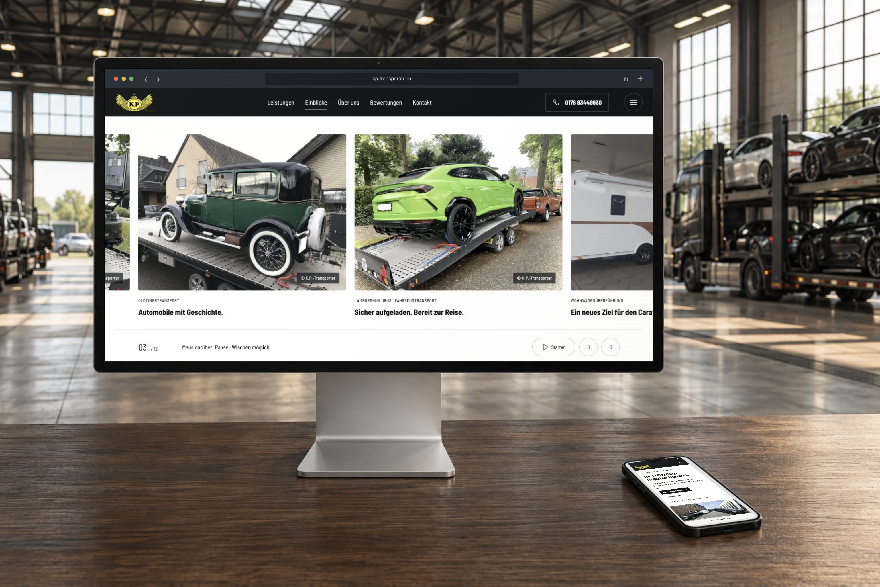 K.P.-Transporter: originale Einblicke-Galerie auf dem Monitor und Homepage auf dem Smartphone in einer inszenierten Transporthalle