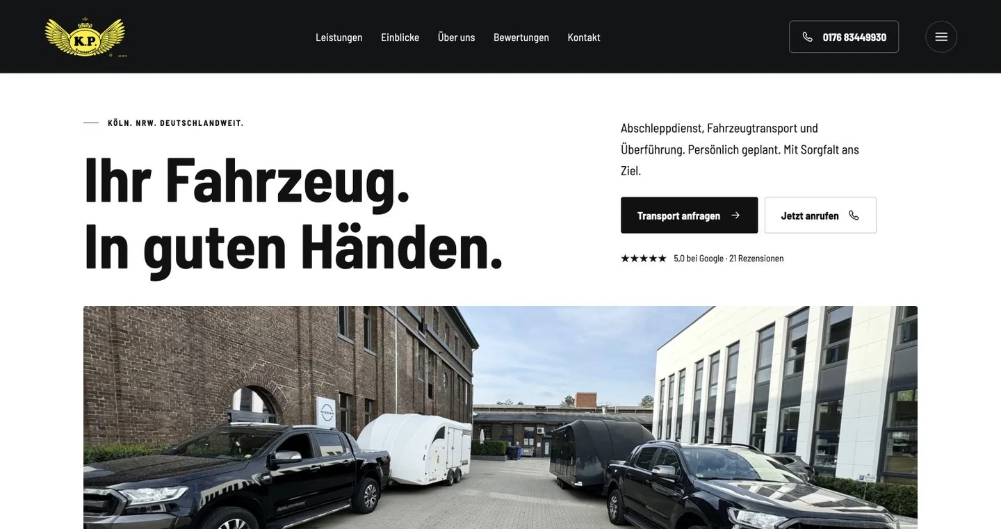 Startseite von K.P.-Transporter mit Leistungsversprechen und direktem Kontakt