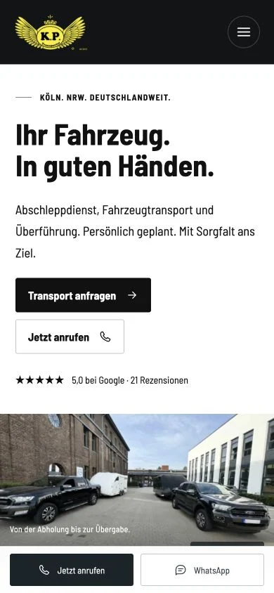 K.P.-Transporter-Homepage in der originalen Smartphone-Ansicht