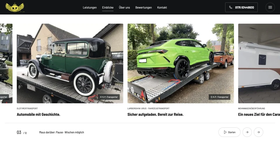 Originale K.P.-Transporter-Galerie mit Oldtimer und Lamborghini auf Transportanhängern